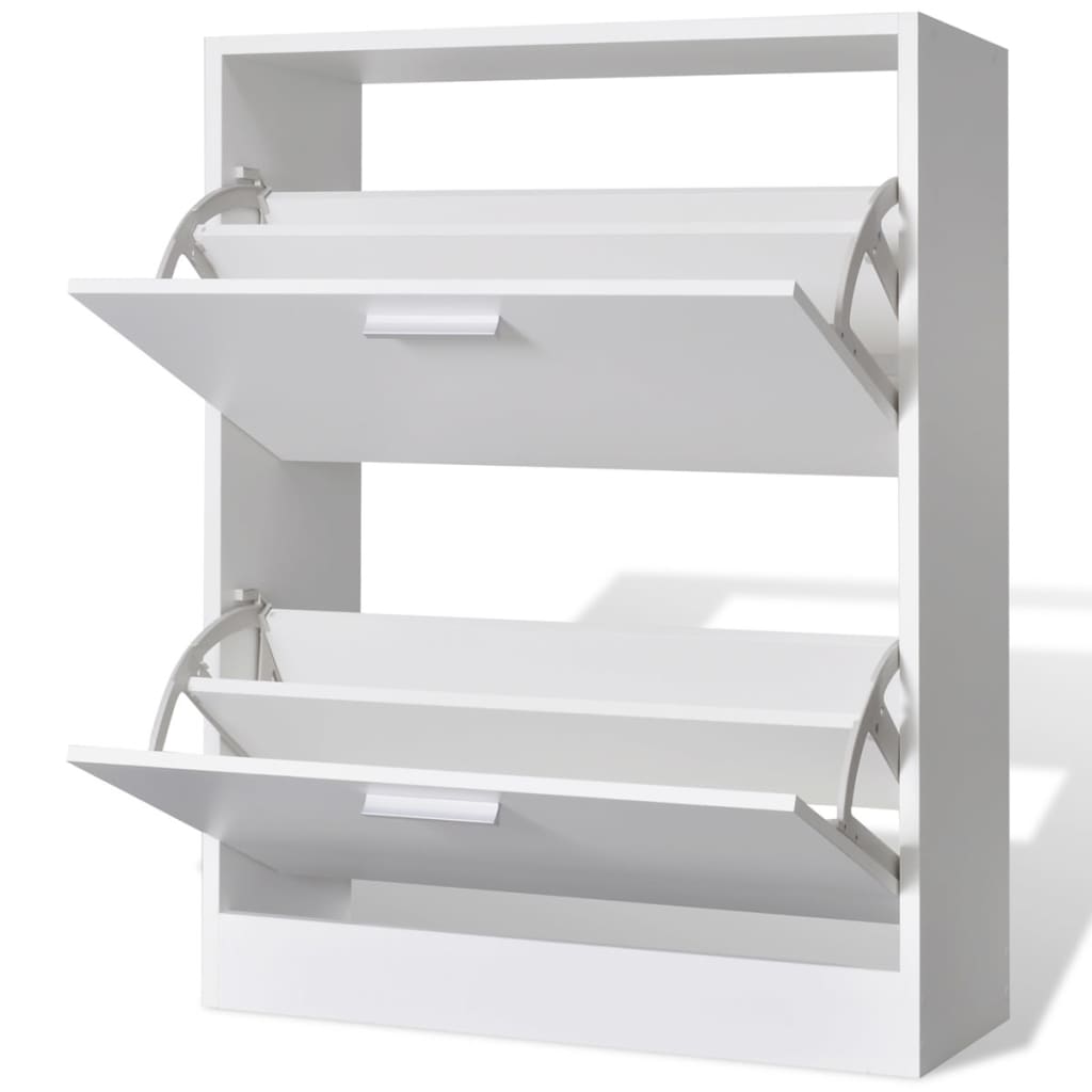 White wooden shoe cabinet with 2 shoe racks