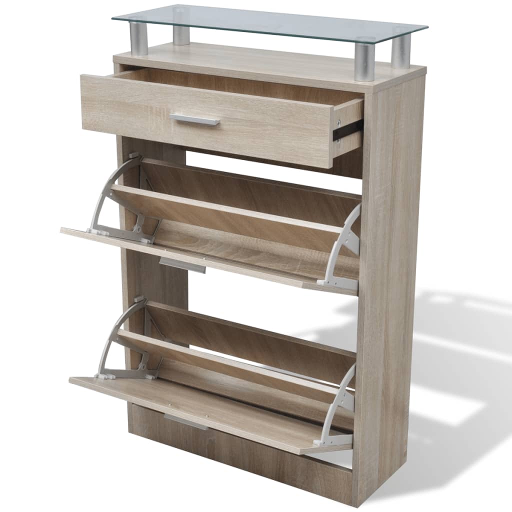 Meuble à chaussures avec tiroir et étagère supérieure en verre aspect chêne