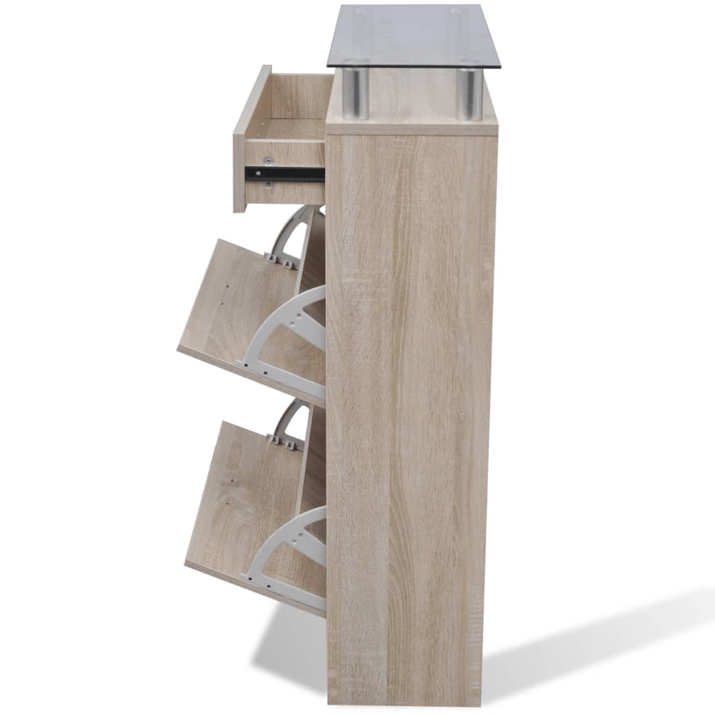 Meuble à chaussures avec tiroir et étagère supérieure en verre aspect chêne