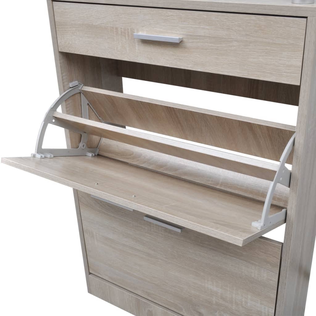 Meuble à chaussures avec tiroir et étagère supérieure en verre aspect chêne