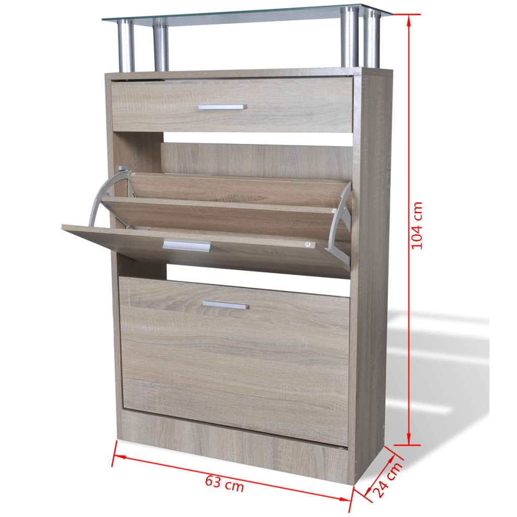 Meuble à chaussures avec tiroir et étagère supérieure en verre aspect chêne