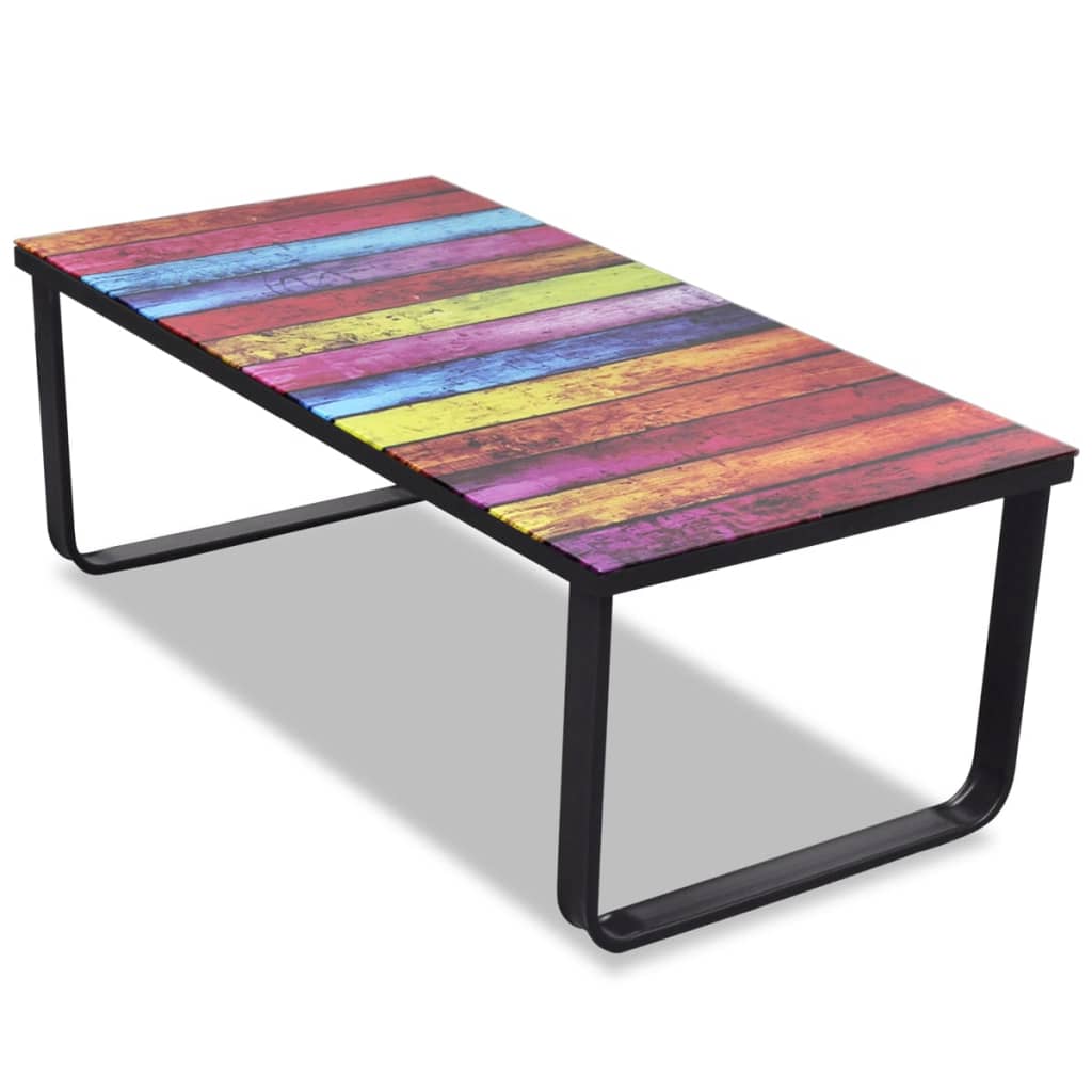 Table basse avec plateau en verre imprimé arc-en-ciel