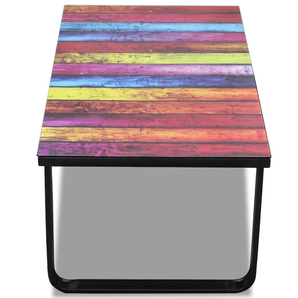 Table basse avec plateau en verre imprimé arc-en-ciel