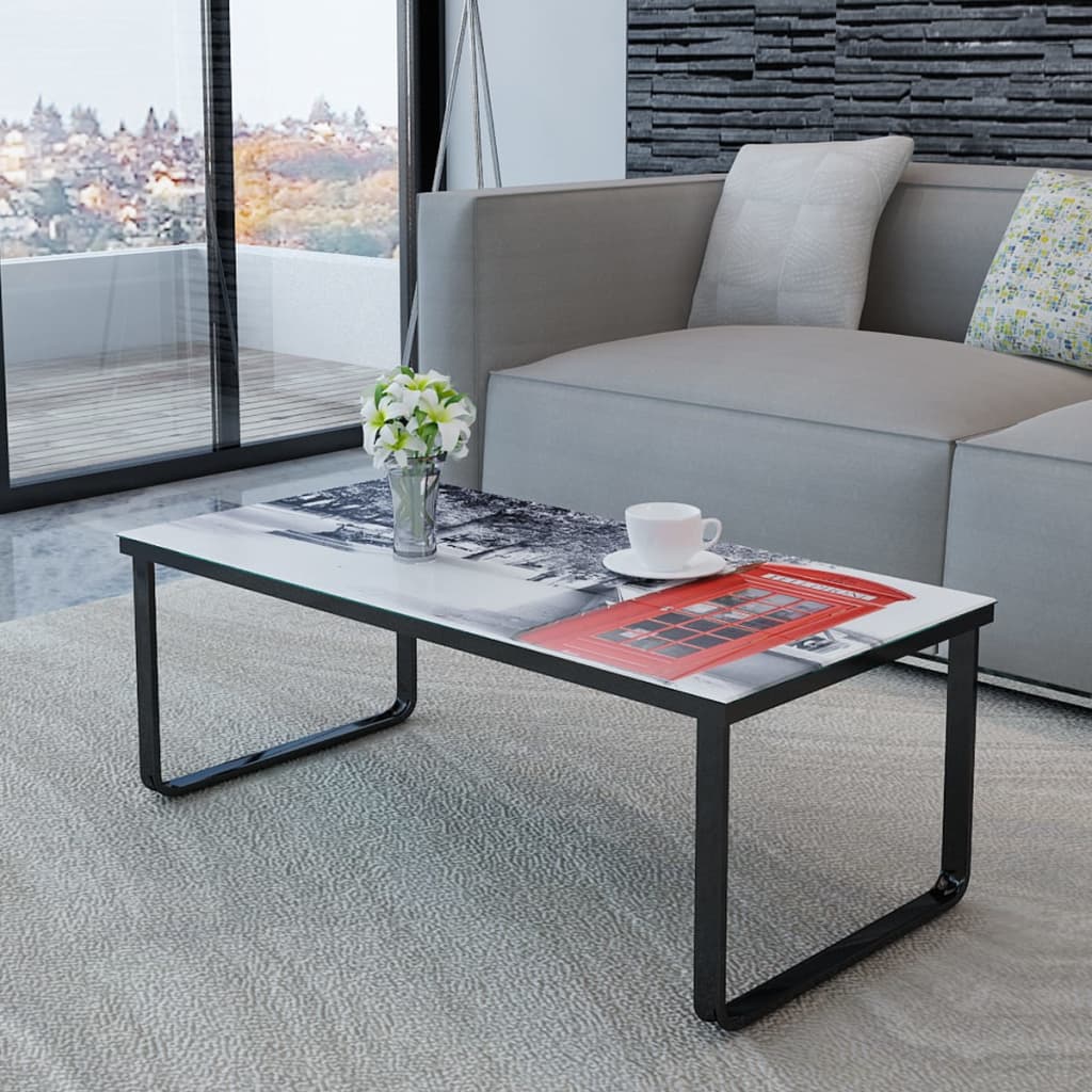 Table basse avec plateau en verre et cabine téléphonique imprimée