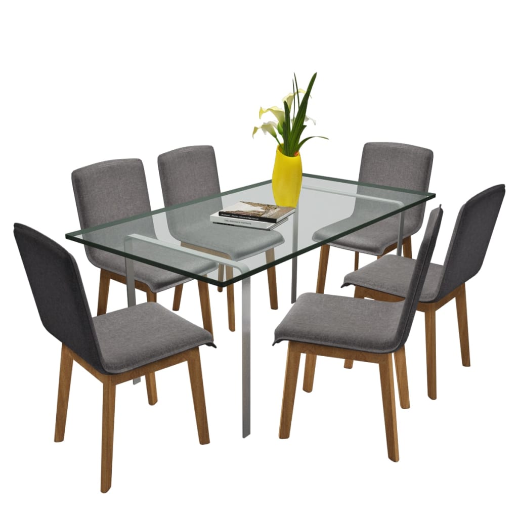 Chaises de salle à manger, 6 pièces, tissu gris clair et chêne massif