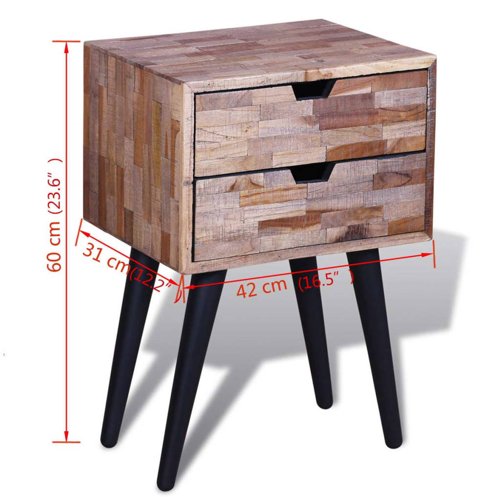 Bedside table with 2 drawers reclaimed teak