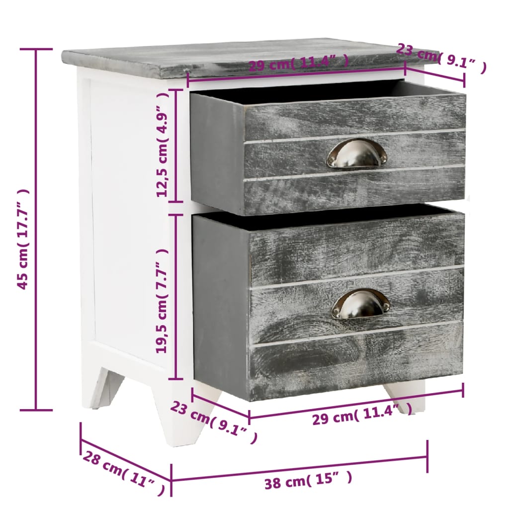 Tables de chevet 2 pièces avec 2 tiroirs gris et blanc