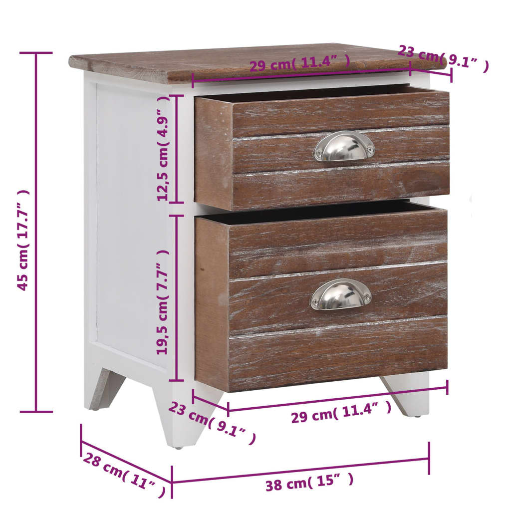 Tables de chevet 2 pièces avec 2 tiroirs marron et blanc