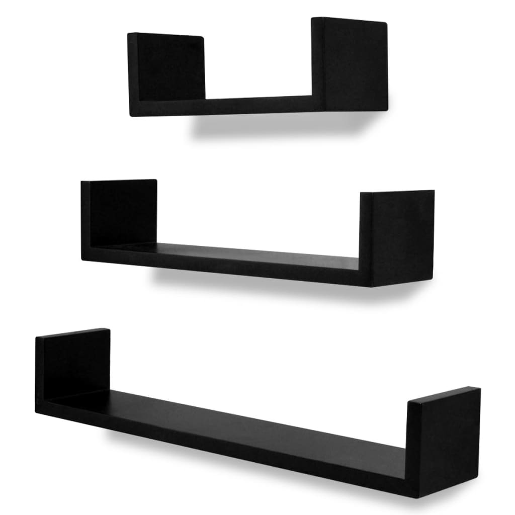 3-piece U-shaped wall shelf set for books and DVDs, MDF, black
