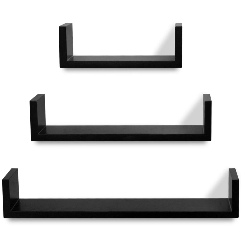 3-piece U-shaped wall shelf set for books and DVDs, MDF, black