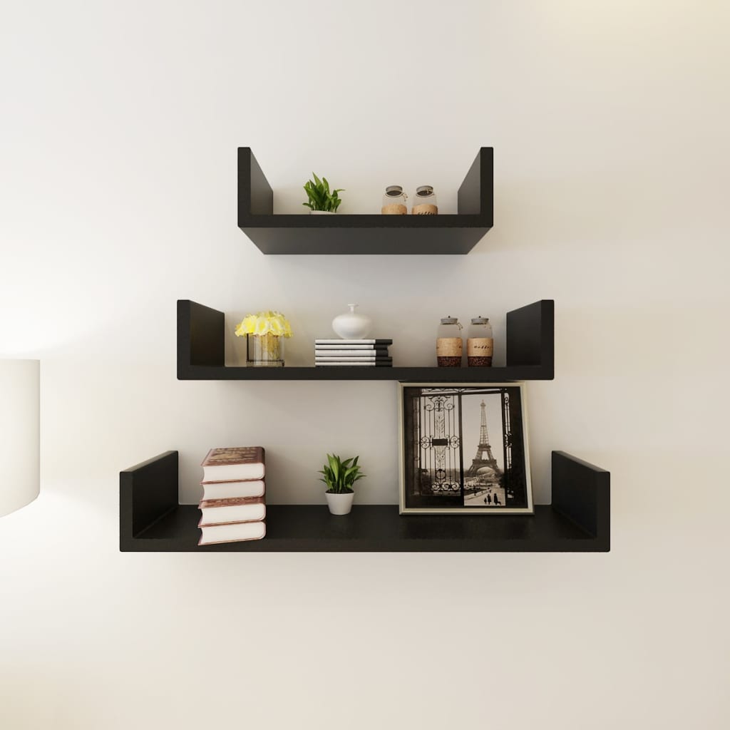 3-piece U-shaped wall shelf set for books and DVDs, MDF, black