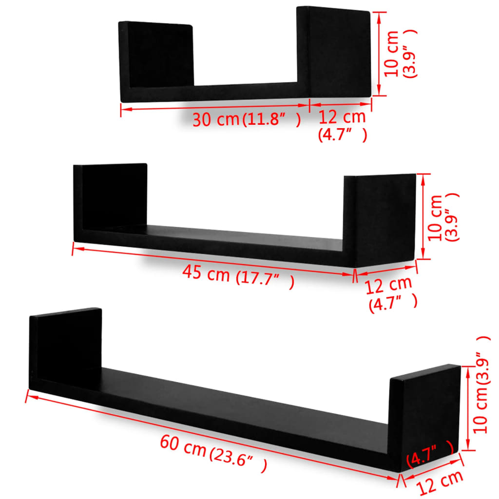 3-piece U-shaped wall shelf set for books and DVDs, MDF, black