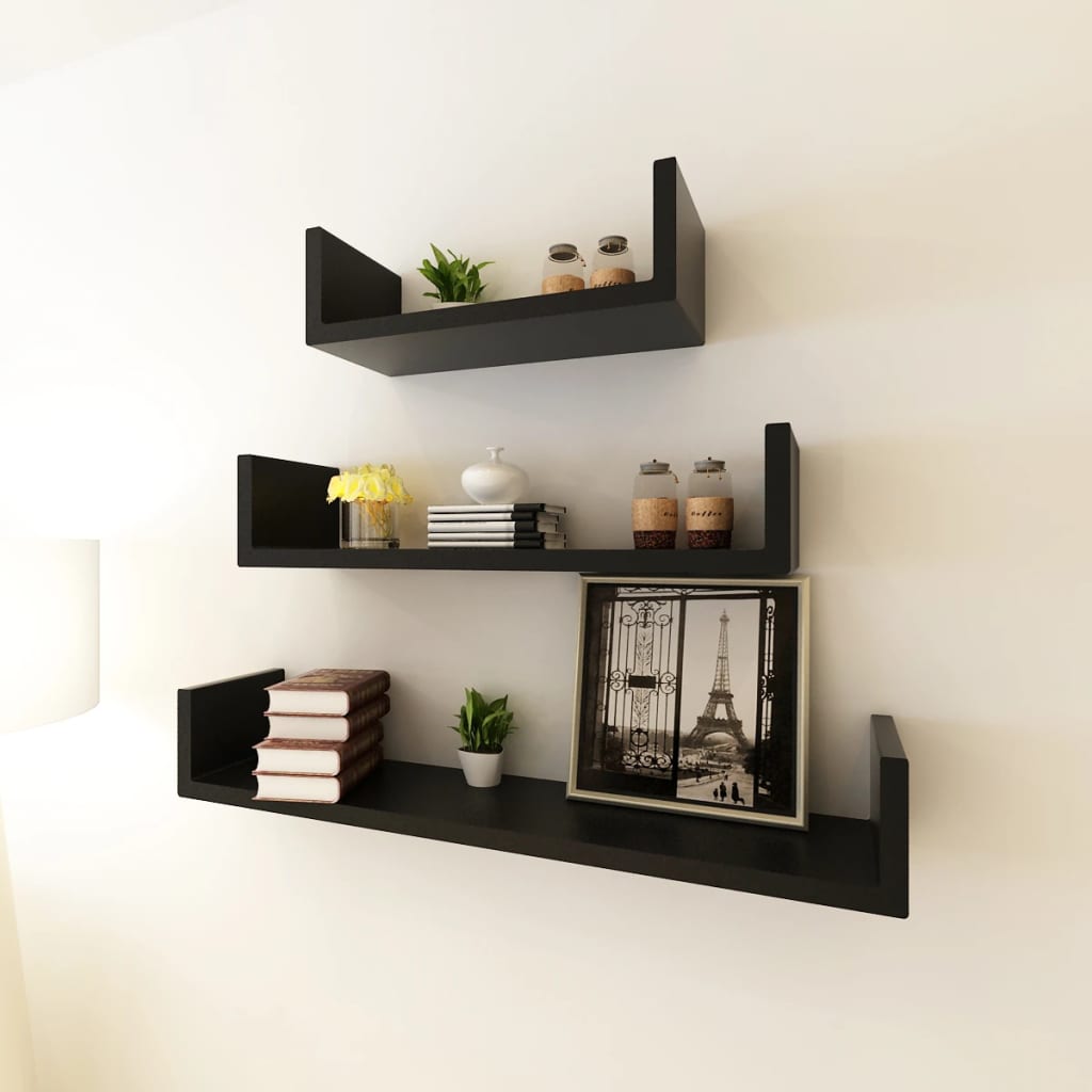 3-piece U-shaped wall shelf set for books and DVDs, MDF, black