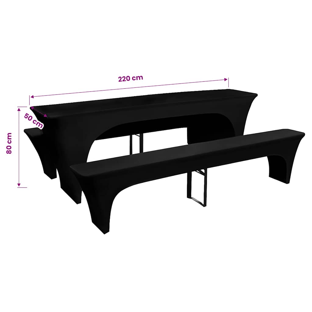 3 Schonbezüge für Biertisch und Bänke Stretch Schwarz 220 x 50 x 80 cm