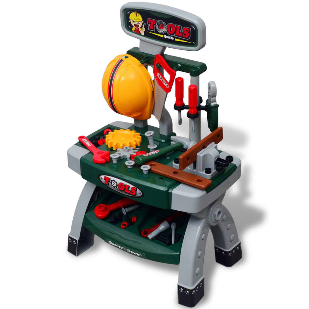 Children's workbench tool bench with tools green + gray