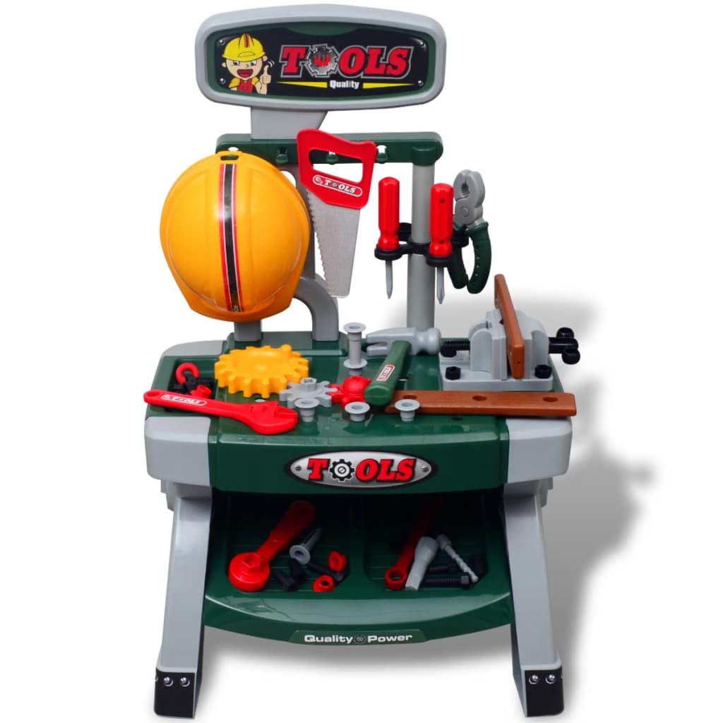 Children's workbench tool bench with tools green + gray