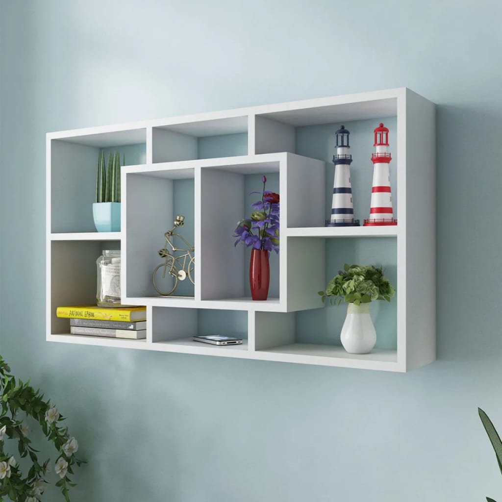 Wall shelf hanging shelf with 8 compartments white
