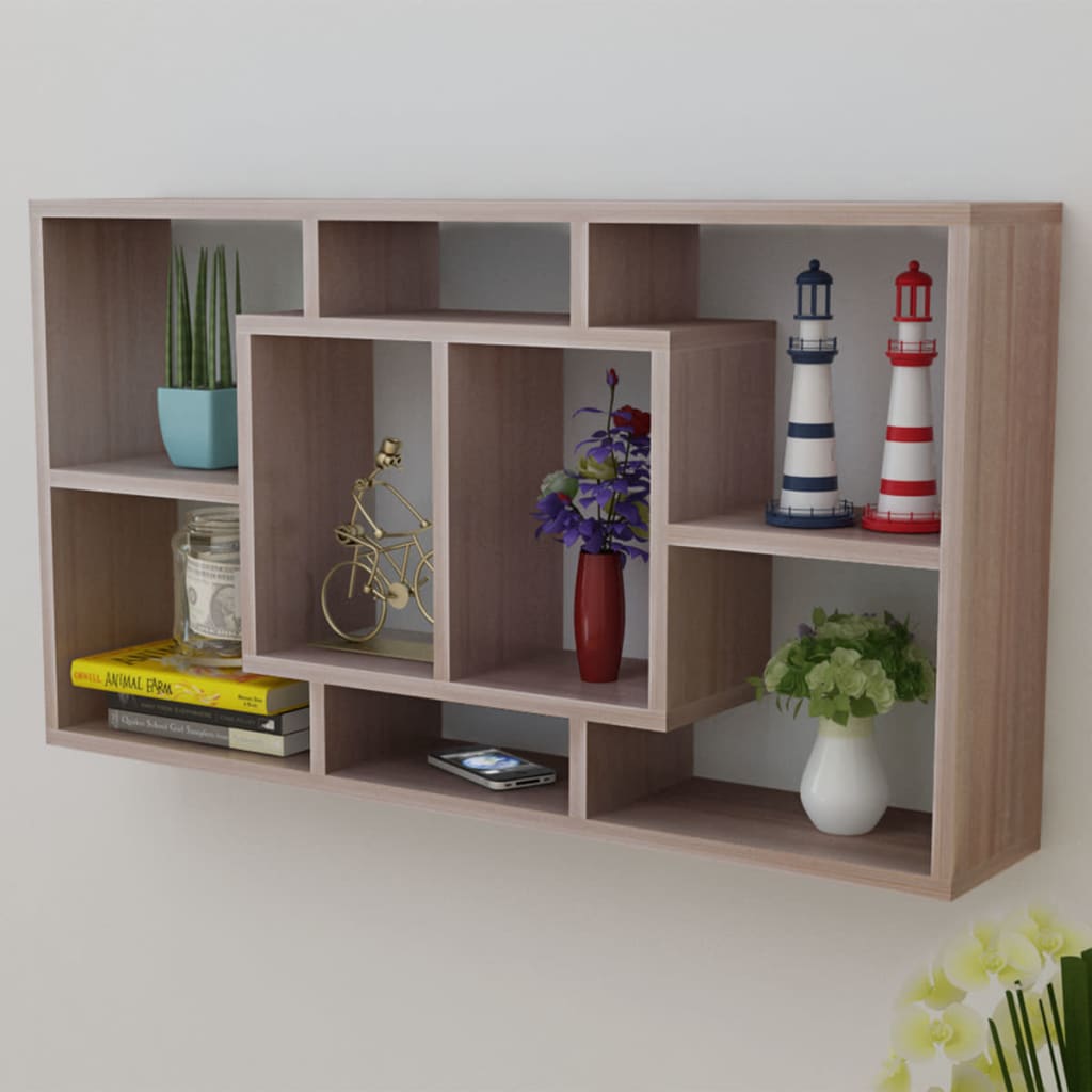 Wall shelf hanging shelf with 8 compartments oak color