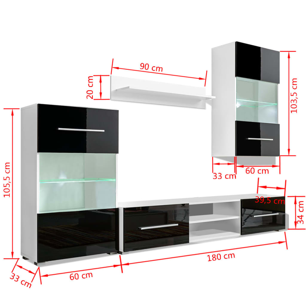Meuble TV mural 4 pièces avec éclairage LED en noir brillant