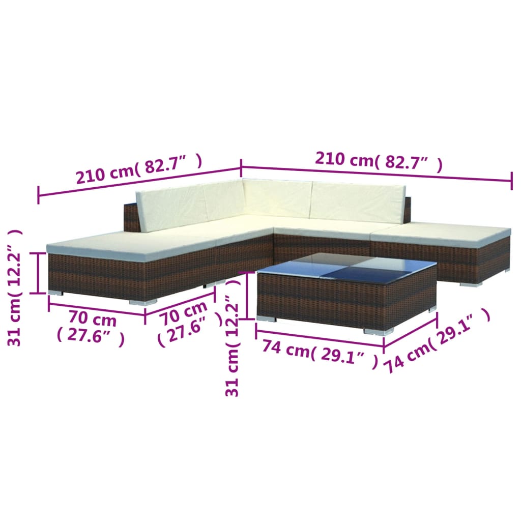 6-tlg. Garten-Lounge-Set mit Auflagen Poly Rattan Braun