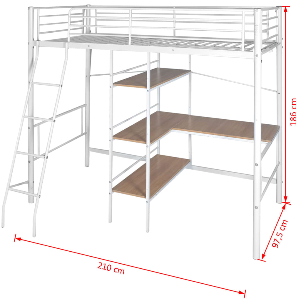 Hochbett mit Schreibtisch Weiß & Braun Metall 90×200 cm