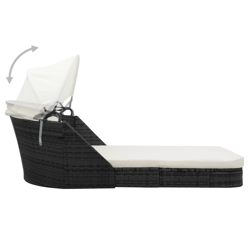 Sonnenliege mit Dach Poly Rattan Schwarz