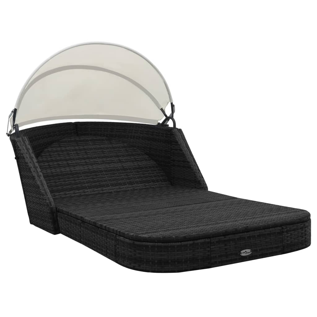 Sonnenliege mit Dach Poly Rattan Schwarz