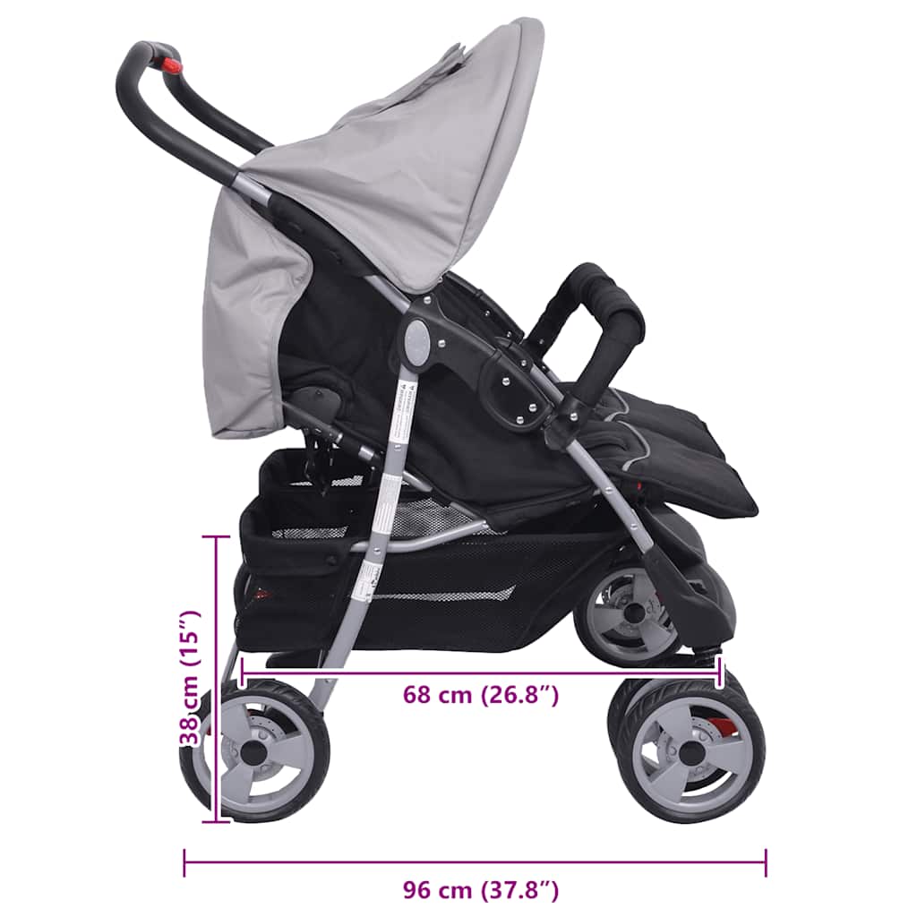 Zwillingskinderwagen Stahl Grau und Schwarz