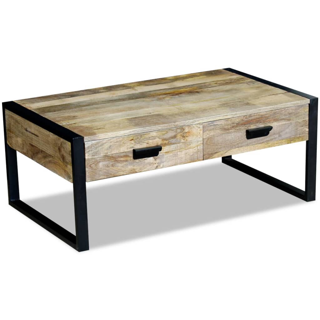 Table basse avec 2 tiroirs, bois de manguier massif, 100x60x40 cm
