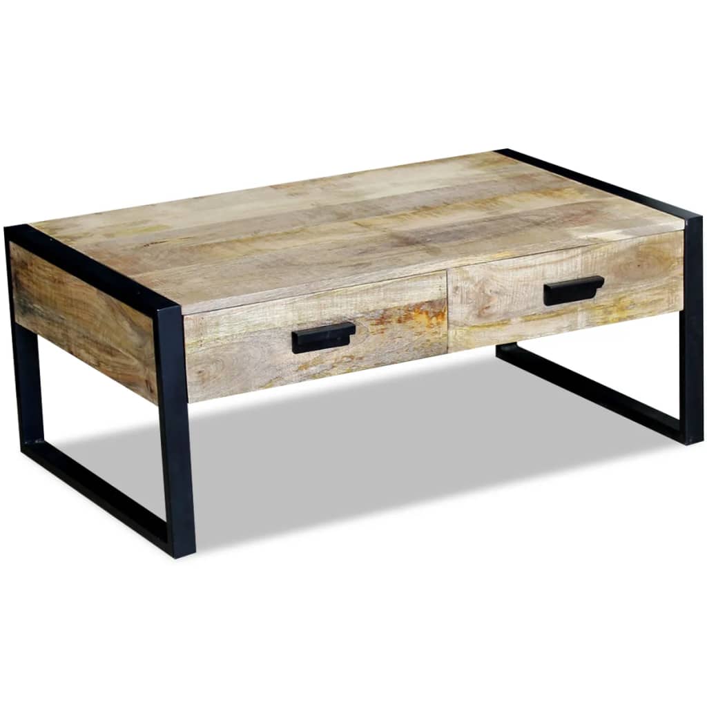 Table basse avec 2 tiroirs, bois de manguier massif, 100x60x40 cm