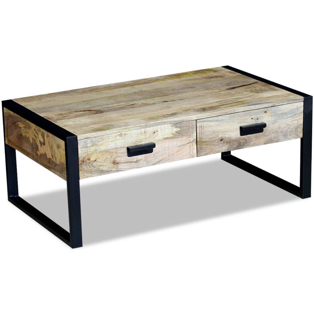 Table basse avec 2 tiroirs, bois de manguier massif, 100x60x40 cm