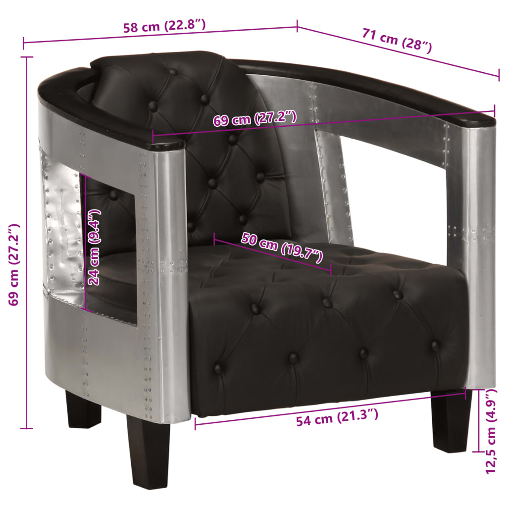 Fauteuil aviateur en cuir véritable noir