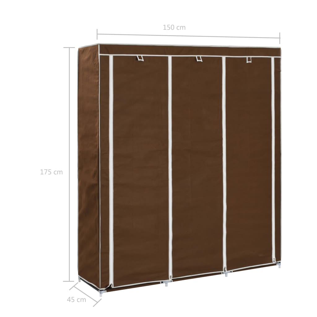Wardrobe with compartments and rods brown 150x45x175cm fabric