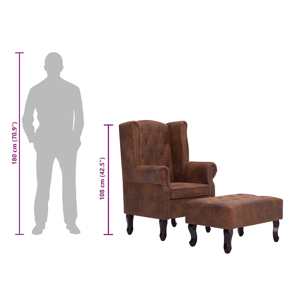 Chesterfield-Sessel und Fußhocker Braun Wildleder-Optik