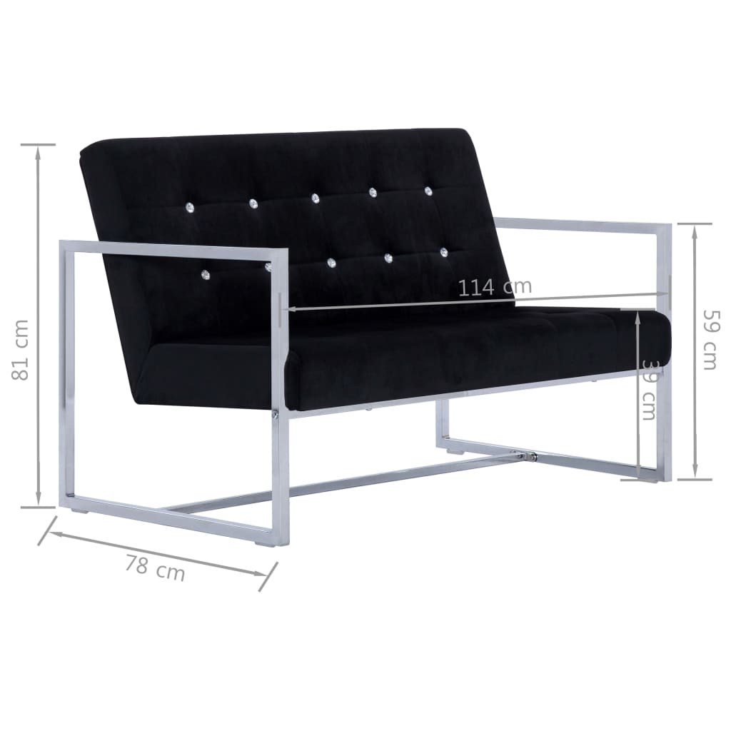 Canapé 2 places avec accoudoirs noir chrome et velours