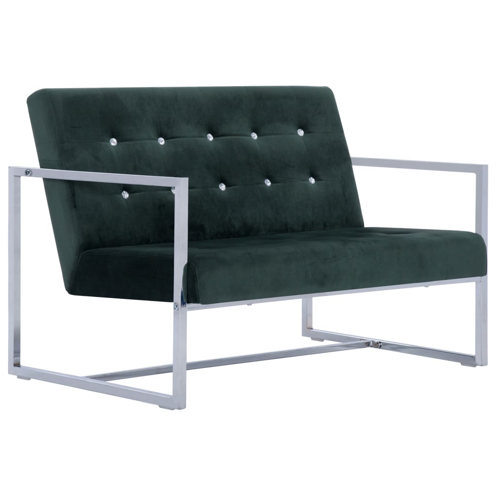 Canapé 2 places avec accoudoirs vert foncé chrome et velours