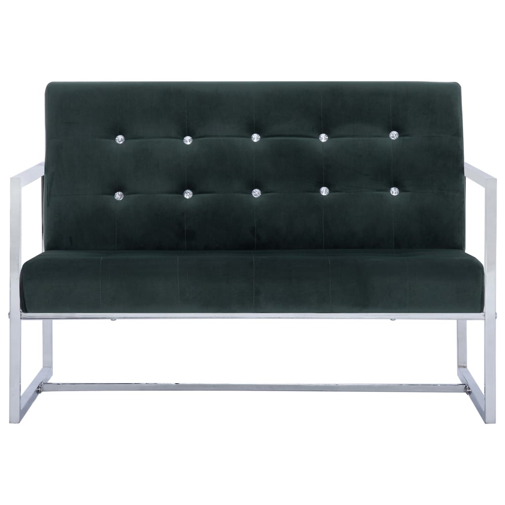 Canapé 2 places avec accoudoirs vert foncé chrome et velours