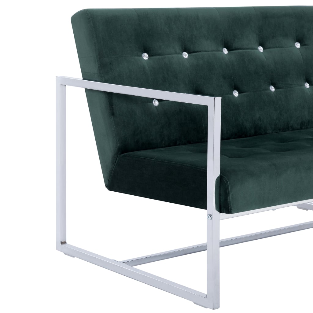 Canapé 2 places avec accoudoirs vert foncé chrome et velours