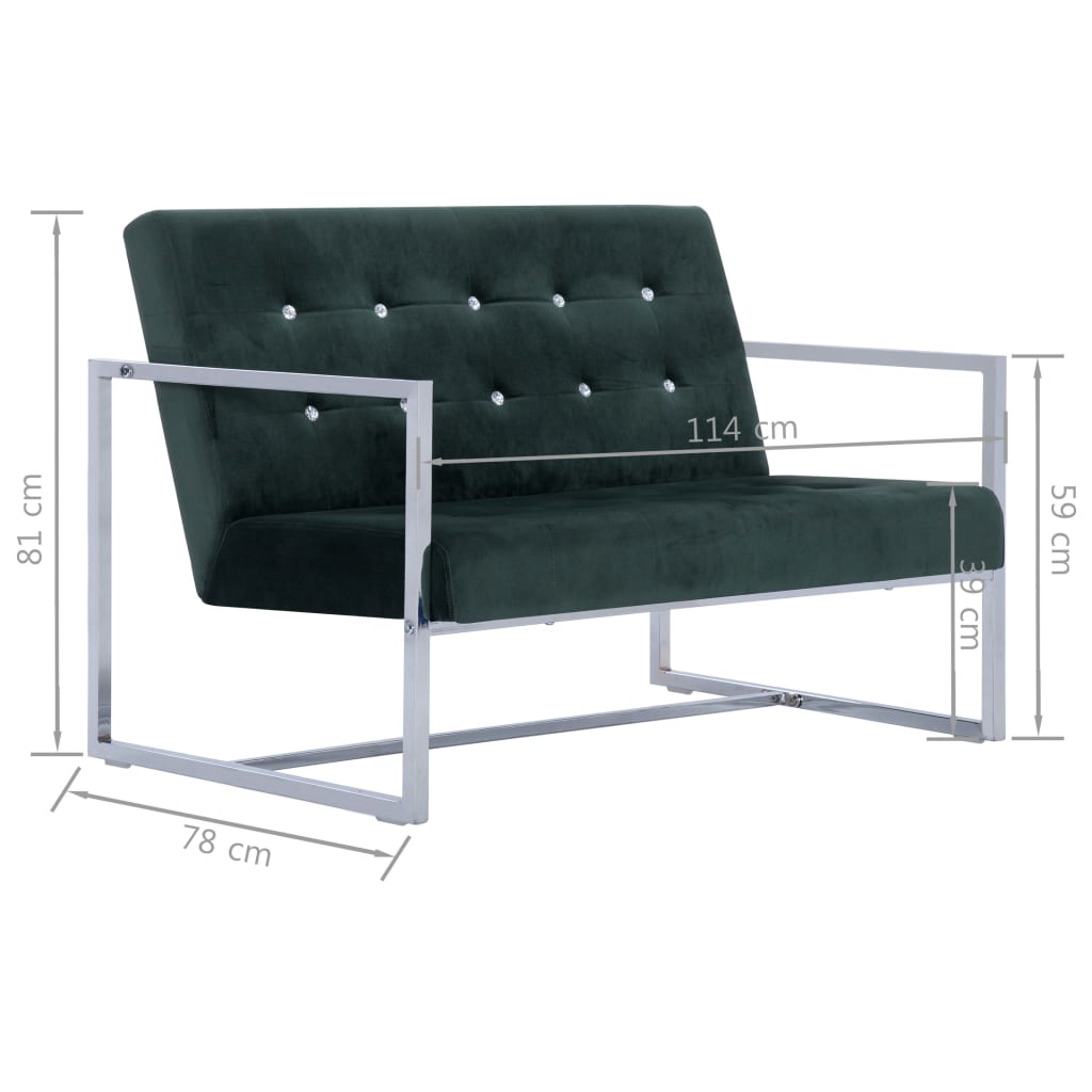 Canapé 2 places avec accoudoirs vert foncé chrome et velours