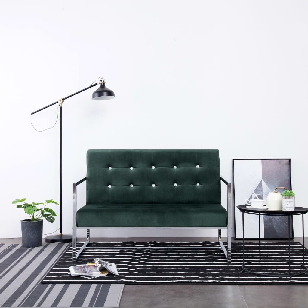 Canapé 2 places avec accoudoirs vert foncé chrome et velours