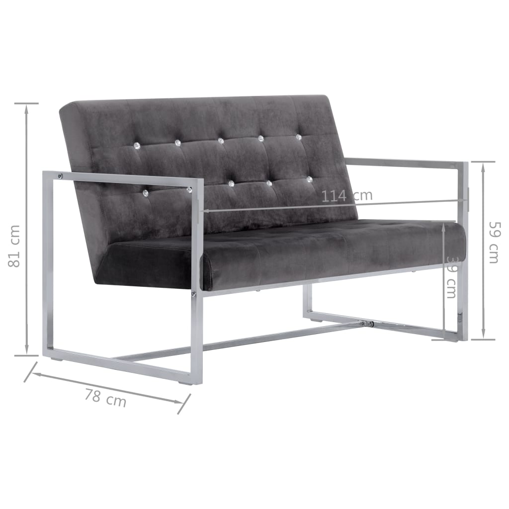 Canapé 2 places avec accoudoirs gris foncé chrome et velours