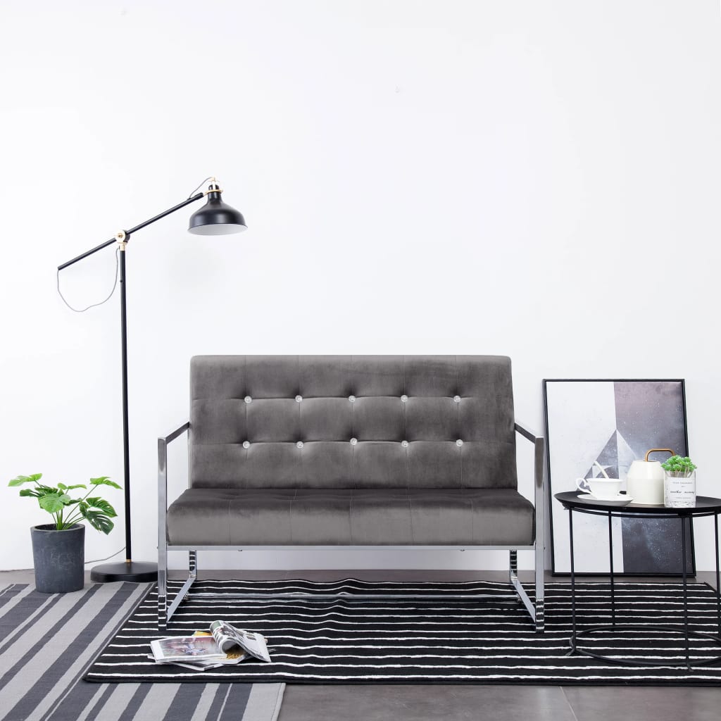 Canapé 2 places avec accoudoirs gris foncé chrome et velours