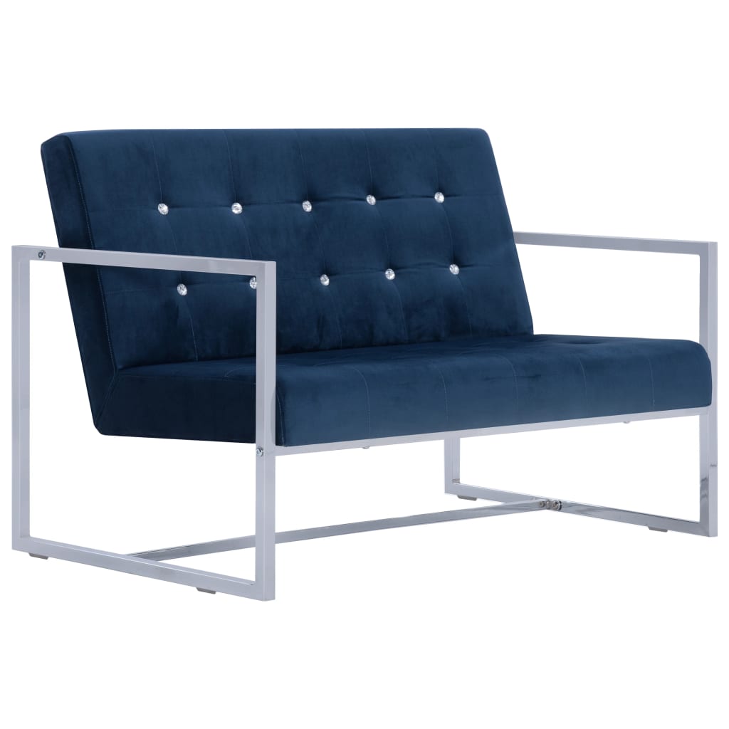 Canapé 2 places avec accoudoirs bleu chrome et velours