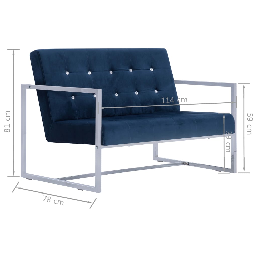 Canapé 2 places avec accoudoirs bleu chrome et velours