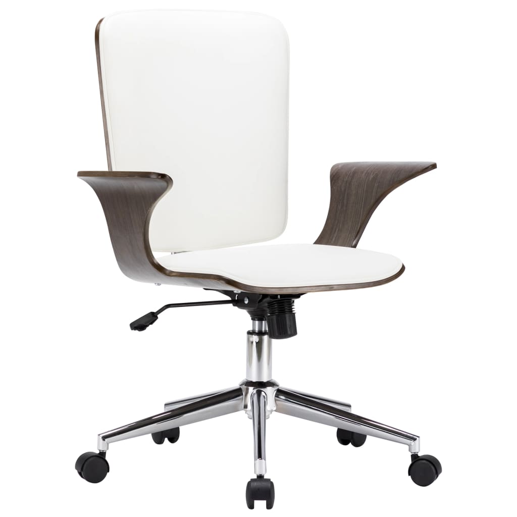 Chaise de bureau pivotante en similicuir blanc et bois courbé