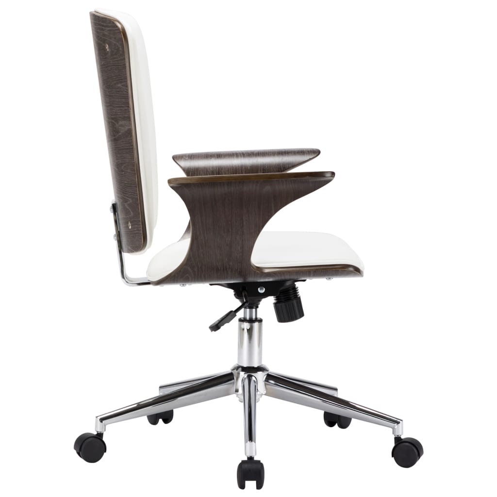 Chaise de bureau pivotante en similicuir blanc et bois courbé