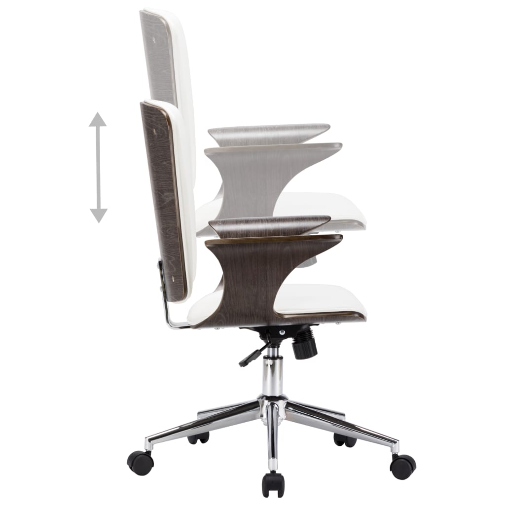 Chaise de bureau pivotante en similicuir blanc et bois courbé