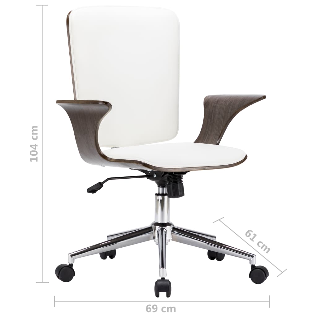 Chaise de bureau pivotante en similicuir blanc et bois courbé