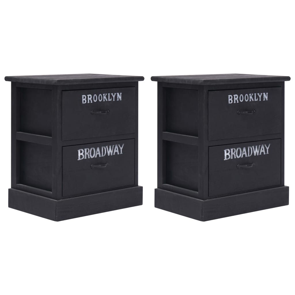 Tables de chevet, lot de 2, noires, 38 x 28 x 45 cm, bois de paulownia