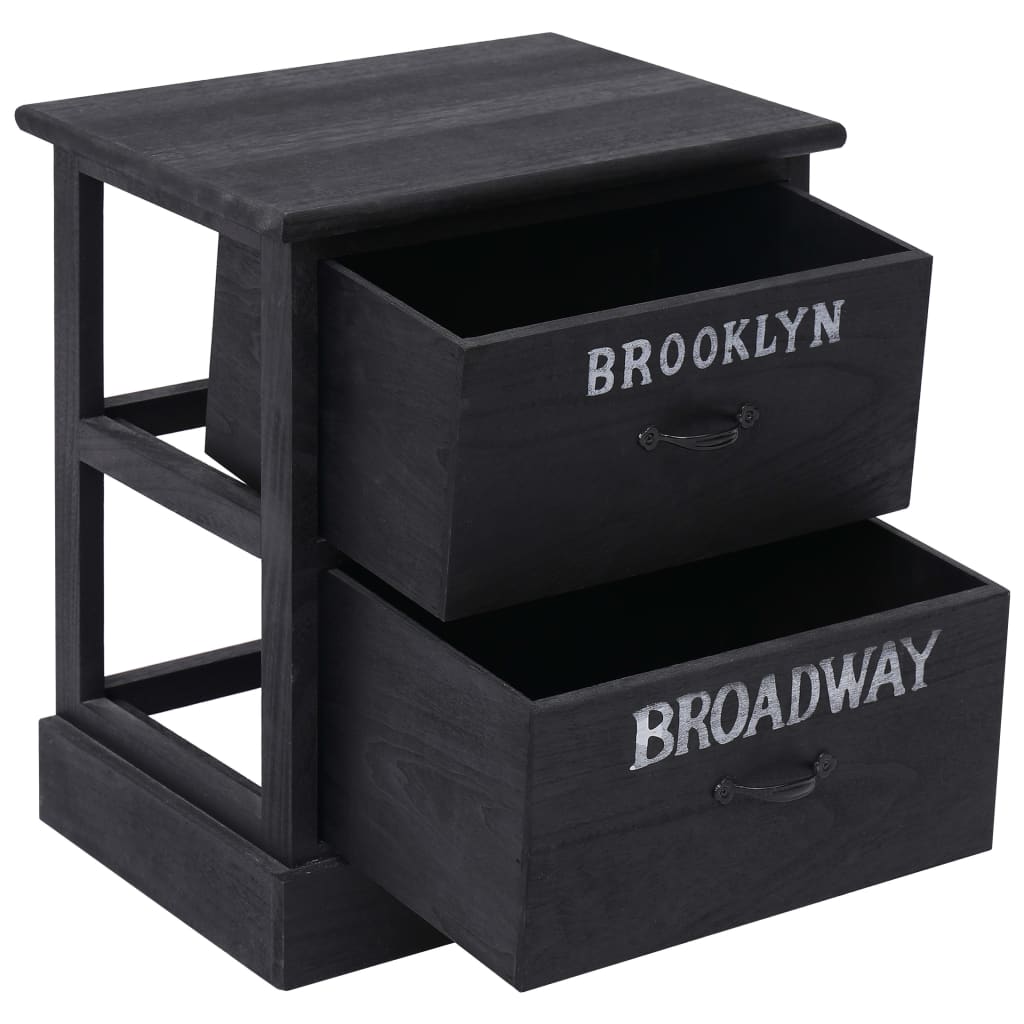 Tables de chevet, lot de 2, noires, 38 x 28 x 45 cm, bois de paulownia